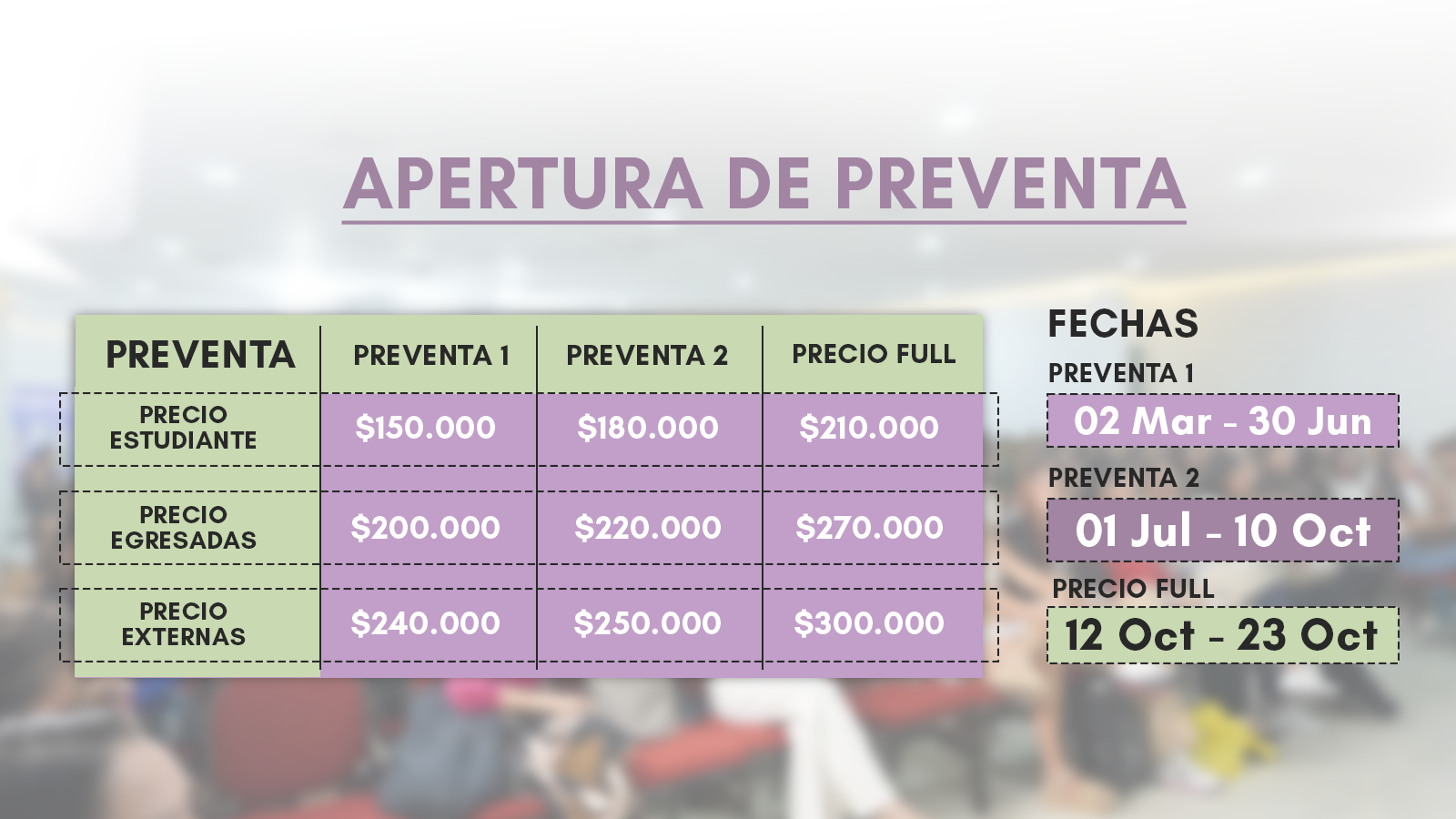 Tabla de precios de preventa: estudiantes, egresadas y externas con fechas Preventa 1, Preventa 2 y Precio Full